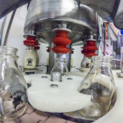 glass milk bottles being filled by equipment