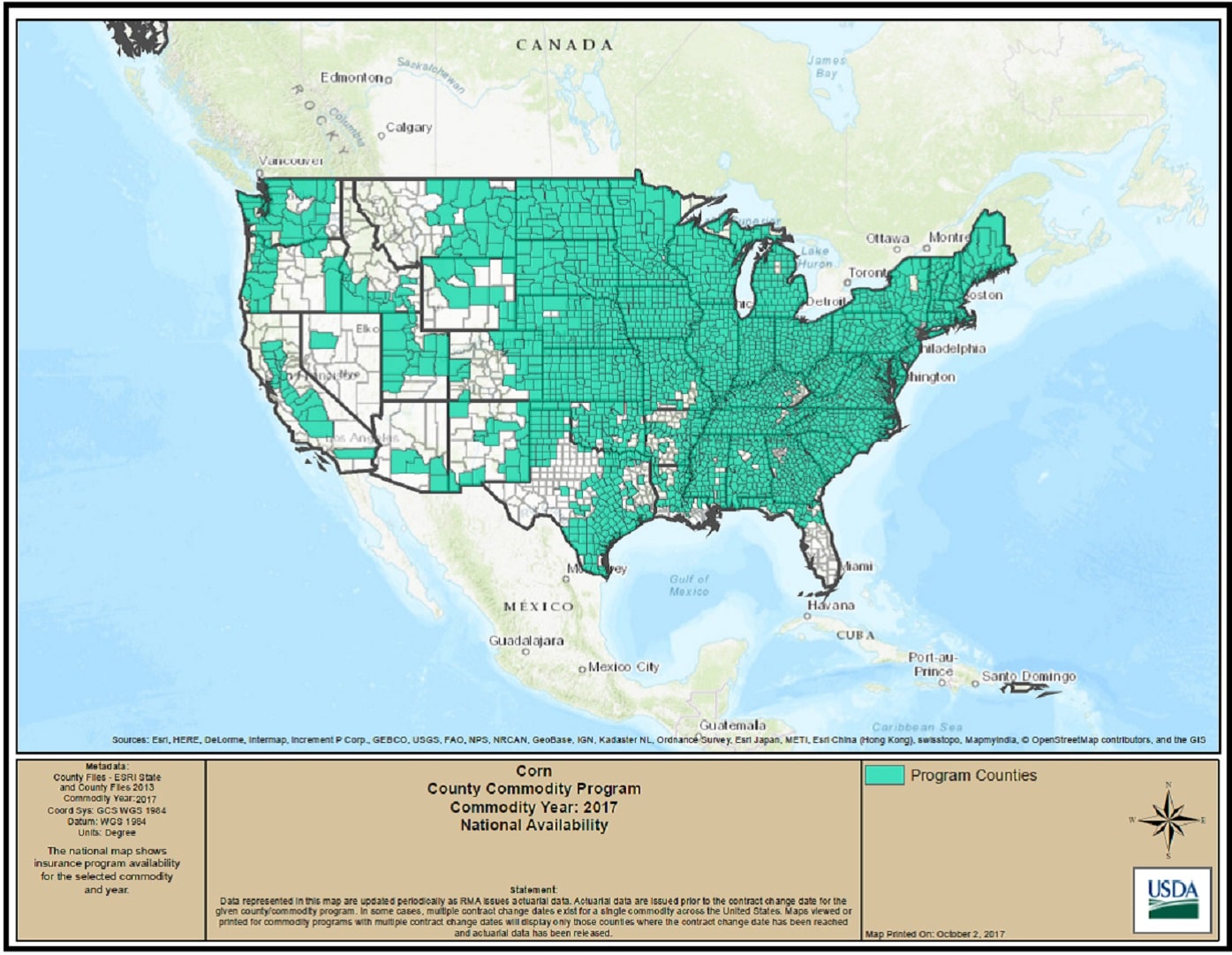 Figure 5: Counties with Corn Insurance Policies in 2017.
